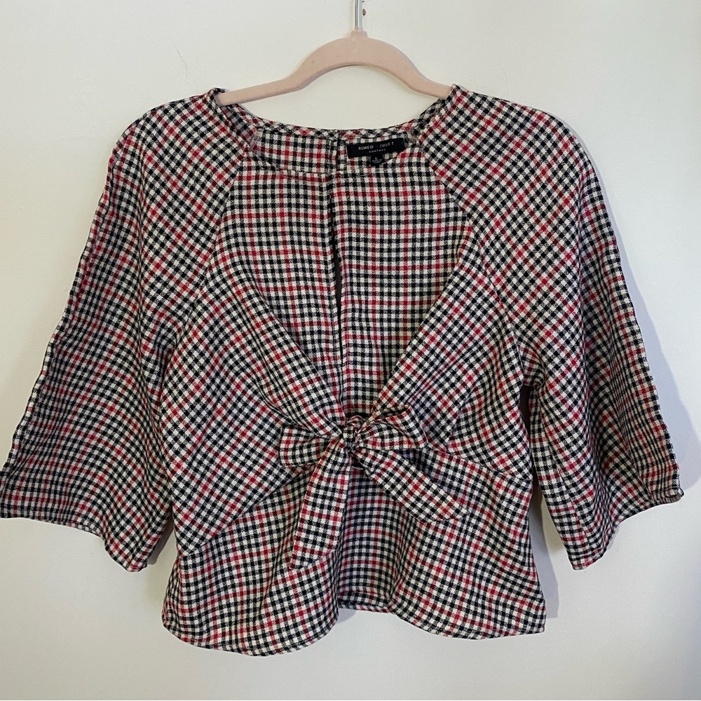 Plaid Blouse with Bow & Keyhole Cutout details